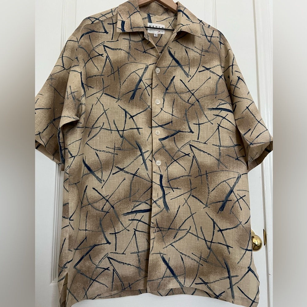 MENCH Collection Men’s Linen Button-Front Blue Paintbrush Strokes Shirt | L
